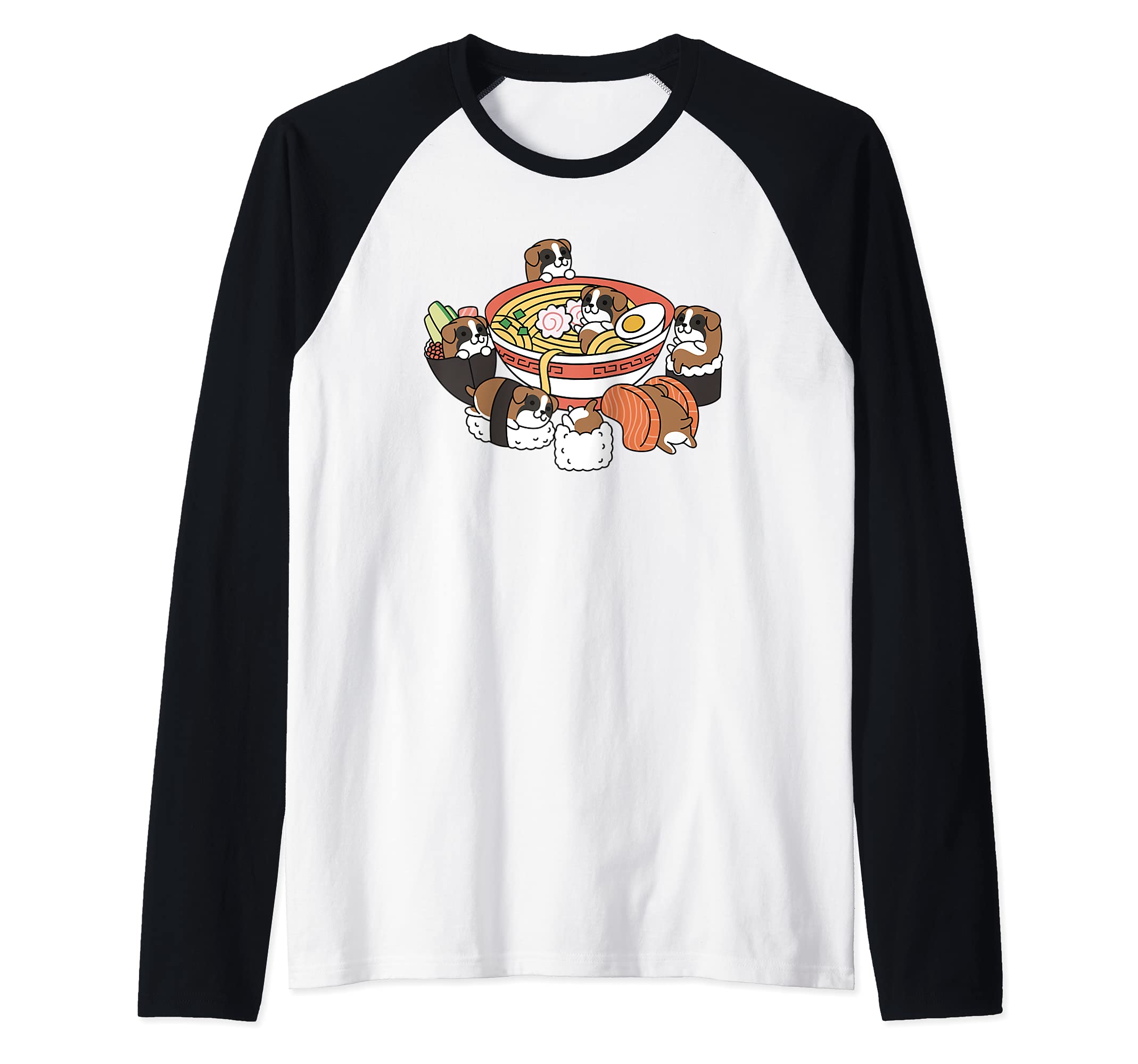 Ramen Sushi Boxer Dog Raglan Baseball Tee