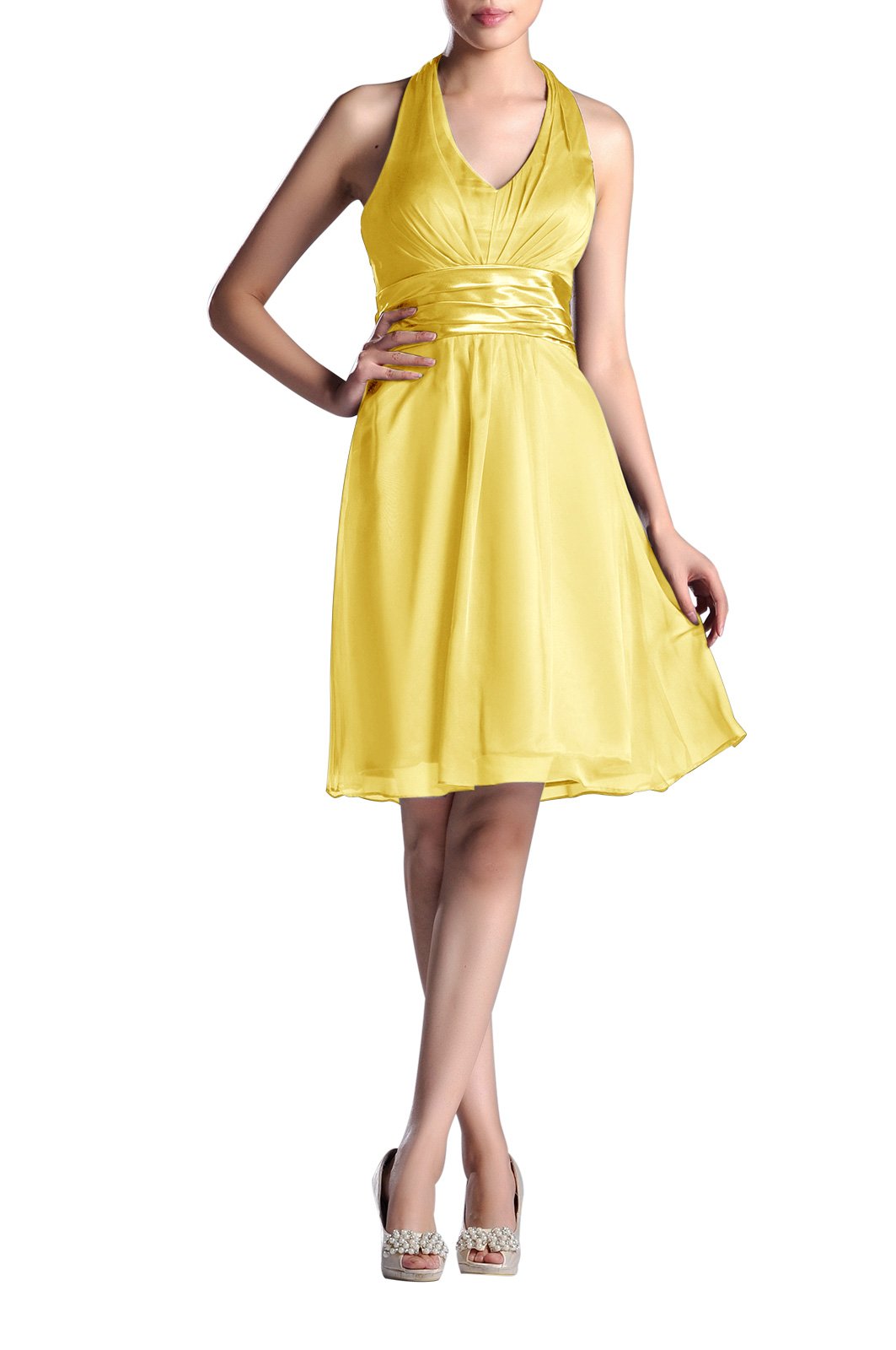 Chiffon Pleated Belt Aline VNeck Knee Length Halter Bridesmaid