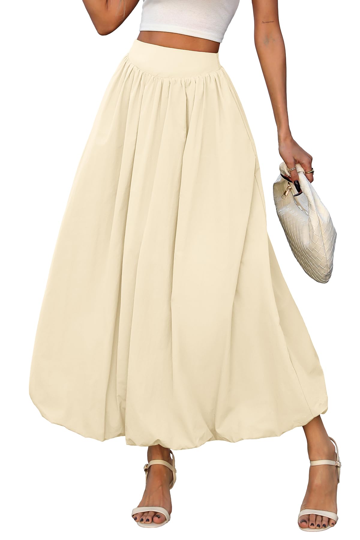 Photo 1 of ELLEVEN Womens Bubble Maxi Long Skirt with Pockets Flowy Puffy Hem Elastic Waist Casual Lightweight Balloon Skirt Y2k Elegant Ruffle A-Line Classic Morden Skirt Pale Apricot Large
