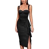 CurvySweet Women's Formal Evening Midi Cocktail Dress Built-in Bra Ruched Sleeveless Slit Ruffle Fall Wedding Guest Dresses