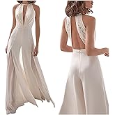Women's Sexy Deep V Backless Jumpsuits Hollow Out Sleeveless Rompers Wide Leg Playsuit Halter Wedding Guest Dresses