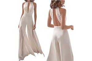 HGps8w Women's Sexy Deep V Dressy Jumpsuits Lace Splicing Backless Flowy Wide Leg Wedding Rompers Ladies Elegant Prom Gown