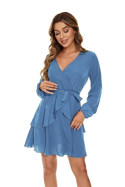 UGUEST WOMEN LONG SLEEVE V NECK DRESS, SOLID MINI SWING PARTY WEDDING DRESS WITH BELT, BLUE 3XL