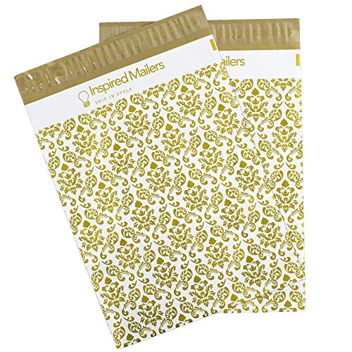 Inspired Mailers - Poly Mailers 10x13 - Damask Pattern Deluxe (Gold) - 100 Pack - 3.15mil Unpadded Shipping Bags