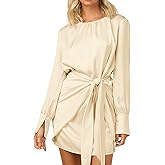 R.Vivimos Women's Satin Dress Long Sleeve Casual Wrap Ruched Tie Waist Party Mini Dress