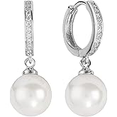 Amazon Essentials Fine Silver Plated Cubic Zirconia Huggie Hoop with Faux Pearl Earrings