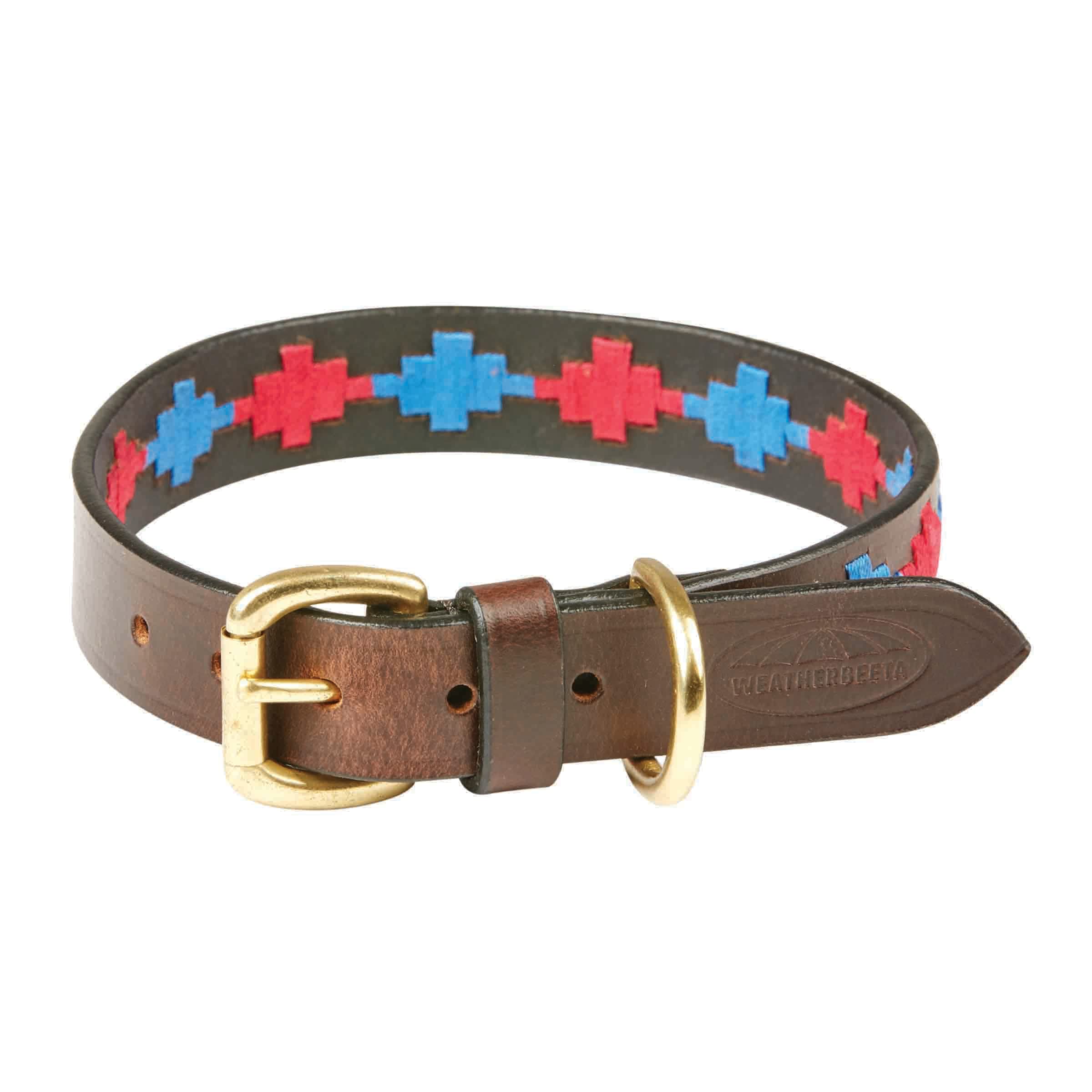 WeatherBeeta Polo Leather Dog Collar, Beaufort Brown/Pink/Blue, Small — image 1
