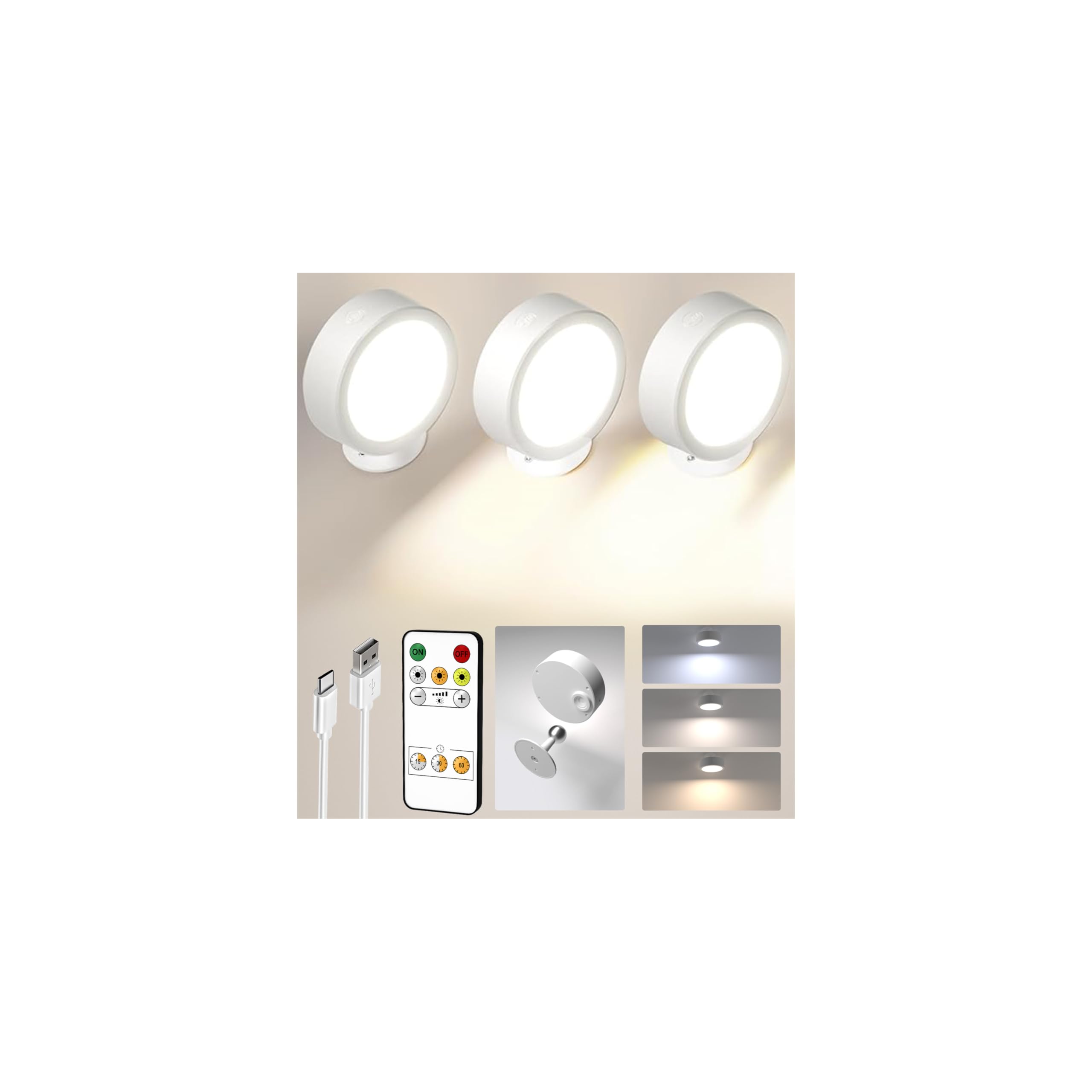 Photo 1 of EZVALO LED Wall Mounted Lights, 5500mAh Rechargeable Wall Sconces Lamp, 3 Color Temps & Remote and Touch Control, 360°Rotation Dimmable Cordless Wall Light for Bedroom (3 Pack White)