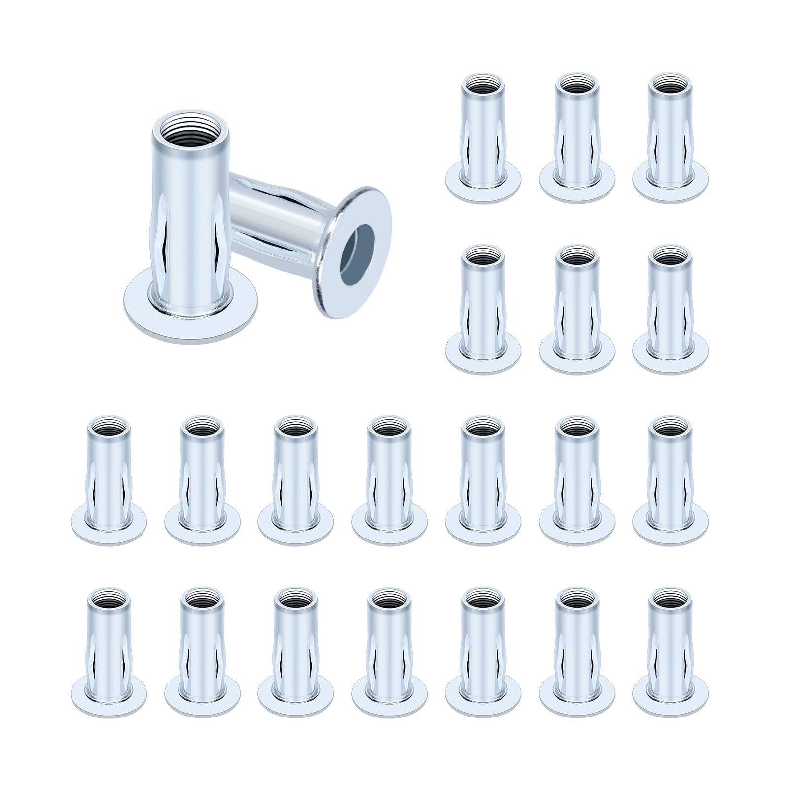 Glarks 20pcs M4 Multi-Grip Rivet Nuts Set White Zinc Plated Carbon Steel Flat Head Rivnut Pre Bulbed Shank Threaded Insert Rivet Nuts for Construction Industrial