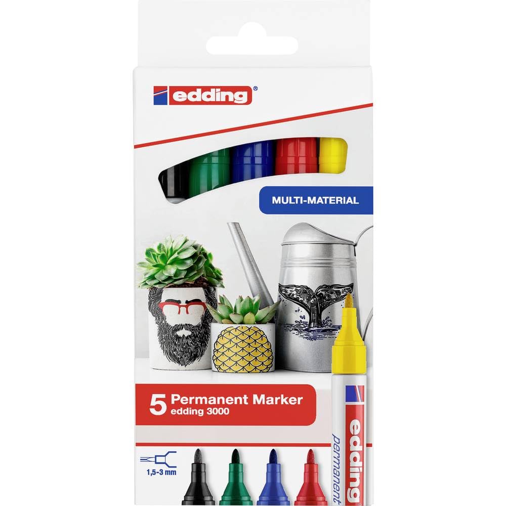edding 3000 permanent marker - red, blue, green, yellow, black - set of 5 basic colours - round nib - quick-drying permanent marker - waterproof - for cardboard, plastic, wood, metal, glass