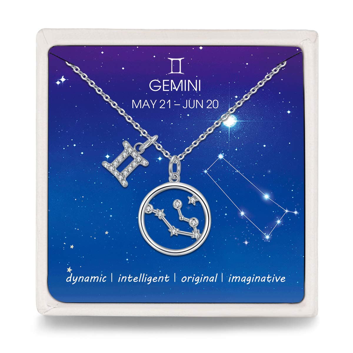 Qings Gemini Necklace 925 Sterling Silver Zodiac Cubic Zirconia Pendant Necklaces for Women Girls