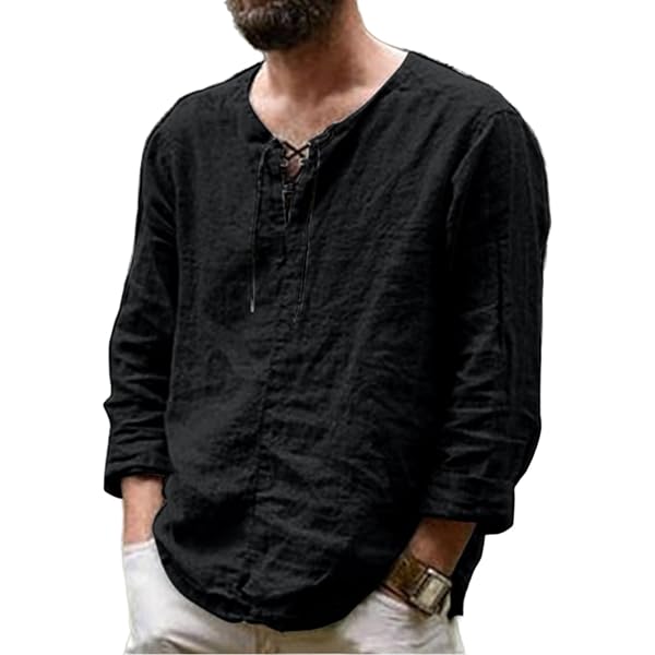 Amazon.com: Men's Casual Cotton Linen T Shirt Drawstring V Neck