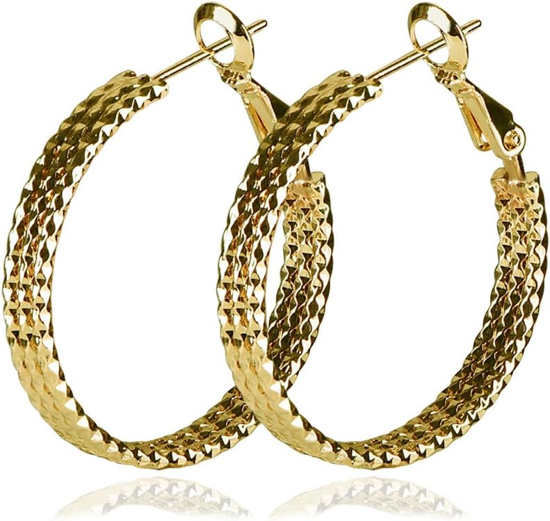 Yumay 9ct Gold Hoop 3-layers Earrings Made with Diamond Cut for Women(30MM).