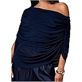 SweatyRocks Women's Off The Shoulder Tops Ruched Draped Mesh Asymmetrical Top Short Sleeve Going Out Shirts