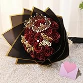 Daywhote Glitter Roses Bouquet, 24 Red Artificial Roses with 2 Crowns,Pearls,Card,Paper,Ribbon,3 Butterfly,Wedding Bouquet of Flowers for Women,Valentine's Day DIY Present Set
