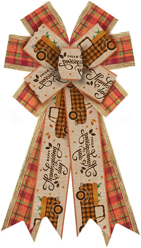 Bows & Ribbons - Large Fall Bow for Wreath, Burlap Orange Green Red Plaid Wreath Bow for Autumn Décor Truck Thanksgiving Bow for Front Door Indoor Outdoor Wall Tree Topper Decoration Supplies Thanksgiving Ornament