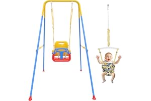 JWPEHOE 2 in 1 Toddler Swing & Baby Jumper, Foldable Baby Bouncer with Soft Cushion, Foldable Indoor & Outdoor Use, Easy to Install & Store Swing Sets for Backyard Play (Blue)