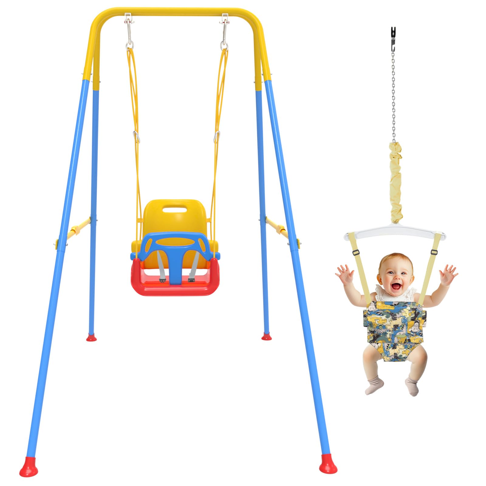 Photo 1 of 2 in 1 Toddler Swing & Baby Jumper, Foldable Baby Bouncer with Soft Cushion, Foldable Indoor & Outdoor Use, Easy to Install & Store Swing Sets for Backyard Play (Blue)