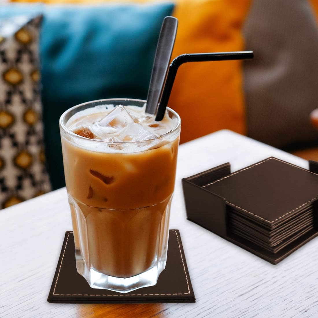 Leather Coasters for Drinks with Holder Set of 6,Coffee Mats Protect Furniture from Hot or Cold Water Marks & Damage - Image 4