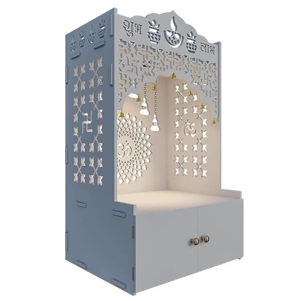 HOMSCAPE DIVINE WOODEN POOJA MANDIR FOR HOME WITH SPACIOUS SHELF & INBUILT FOCUS LIGHT – TEMPLE FOR HOME FLOOR RESTED POOJA MANDIR WITH DOORS 31″ HEIGHT MEDIUM WHITE | FESTIVE DECOR | INDIAN TEMPLE