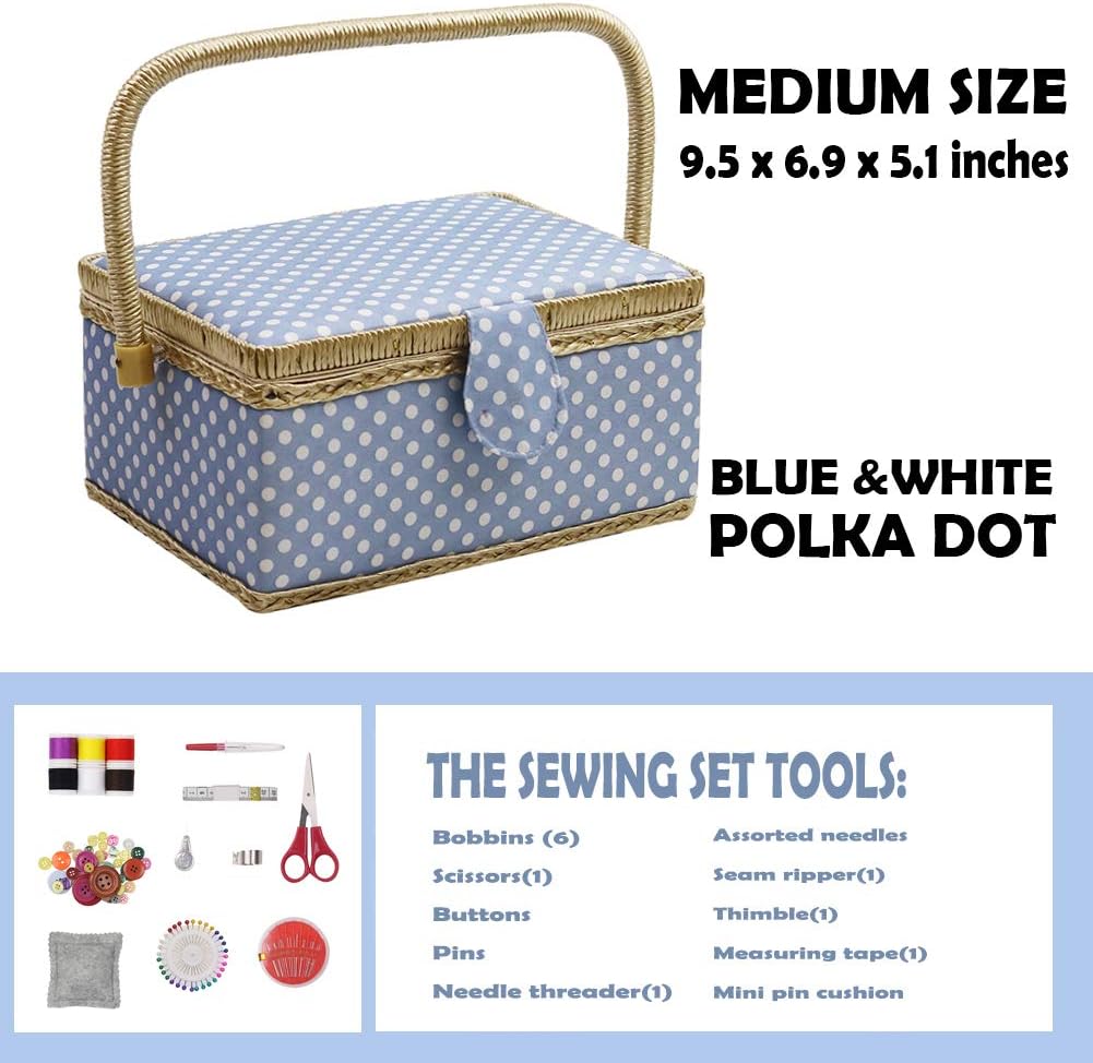 Sewing Box with Sewing Kit Accessories, D&D Wooden Sewing Basket Organizer with Accessories for Home Travel, Blue Polka Dot - Image 3
