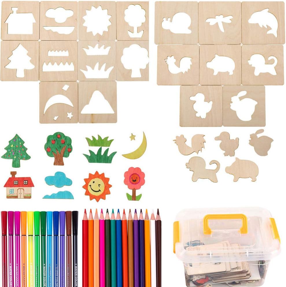63 Pcs Drawing Stencils Set for Kids Wooden Doodle Drawing Toys Kit With 36 Stencil Shapes and Colored Pens Creativity…