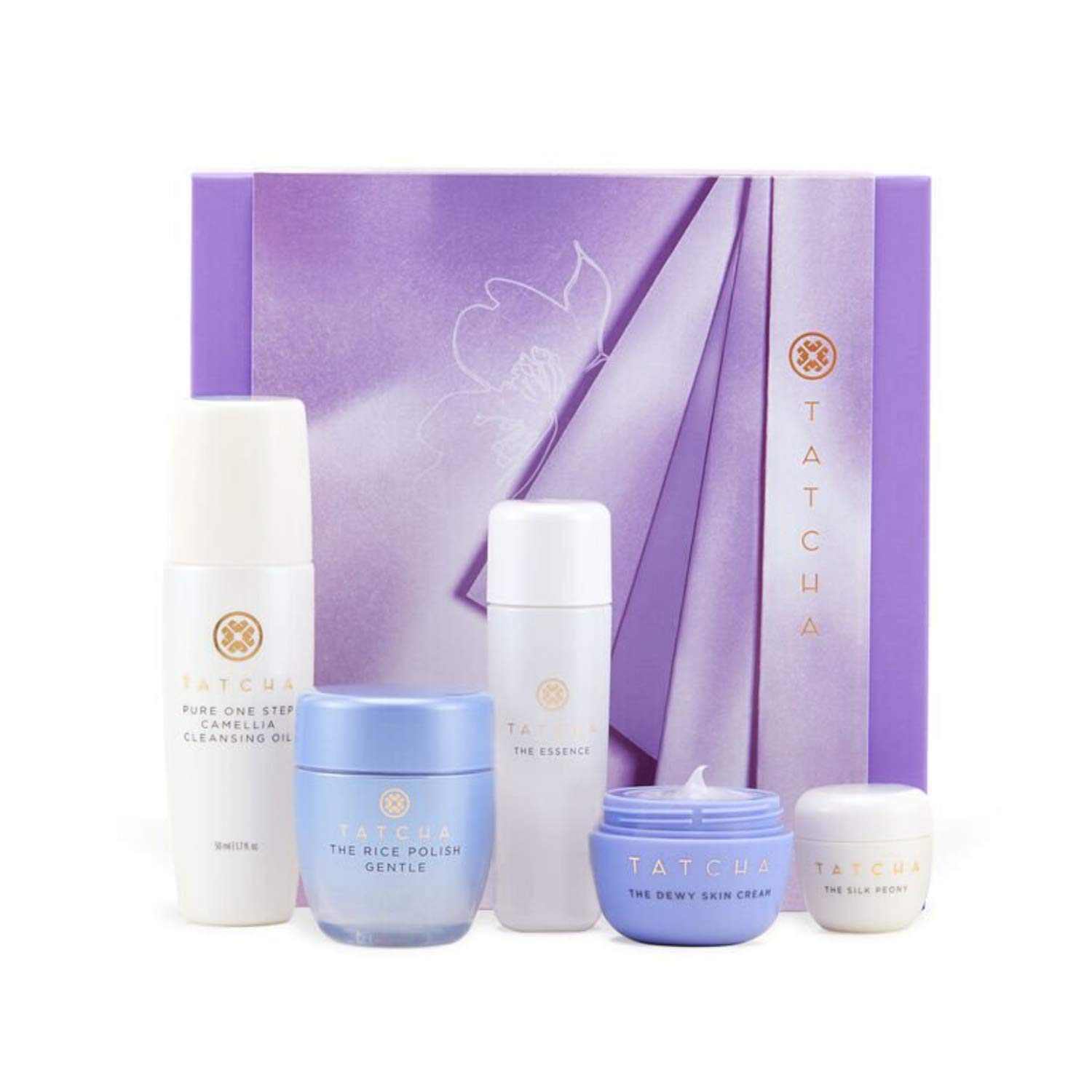 Tatcha The Starter Ritual Set - Replenishing for Dry Skin: Includes Pure One Step Camellia Cleansing Oil, The Rice Polish: Gentle, The Essence, The Dewy Skin Cream, The Silk Peony : Beauty