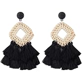 Bohemia Tassel Earrings Statement Handmade Dangle Ethnic Fringe Earrings Bamboo Weaving Geometric Square Sector Gifts for Women