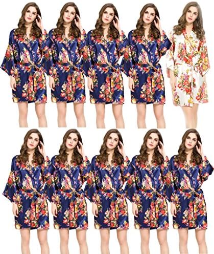 Floral Satin Bridesmaids Robes 9 Navy 1 White Wedding Bride by Endless Envy