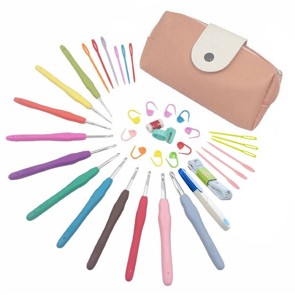 Spring 11pcs Rainbow Crochet Set ergonomic soft rubber ergonomic handle with crochet hooks 19pcs Accessories (Rosa)