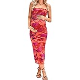 Milumia Women's Maternity Floral Mesh Split Strapless Tube Dress Bodycon Maxi Dresses