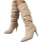 Women Casual Knee High Boots Wide Calf Slouchy Ruched Suede Cutout Side Zipper Chunky Block Low Heels Almond Toe Long Booties Fashion Fall Winter Breathable Non Slip Dressy Shoes