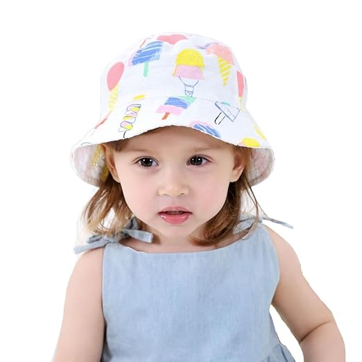 Sonnenhut für Mädchen, Baby Sommermütze Fisherhut mit Eiscreme-Muster, UV-Schutz, Beidseitig Tragbar, 45-53CM