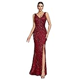 Elegant Long Sequin Formal Dress V-Neck Slit Design, Stretchy Fitted Glamorous