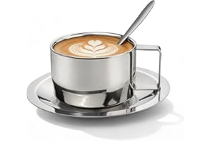304 Stainless Steel Coffee Cups with Spoon & Saucer, 6.08 Oz Metal Espresso Mugs, Double Walled Insulated Espresso Coffee Cup