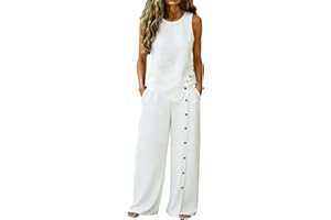 Womens Cotton Linen Two Piece Outfits Sleeveless Tank Tops Wide Leg Pants with Button Matching Sets Summer Beach Vacation Set