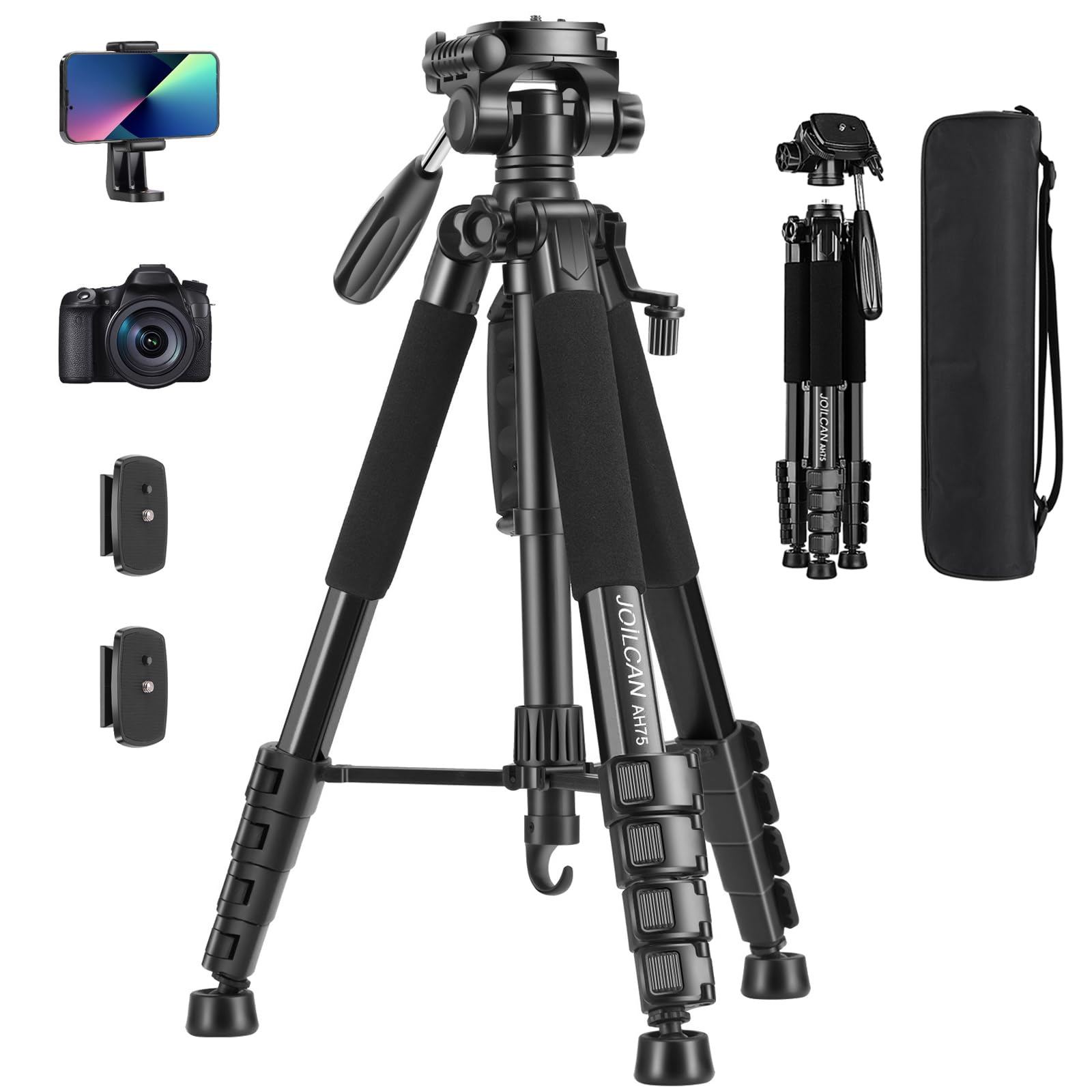 JOILCAN 74"/188cm Camera Tripod, Aluminum Outdoor Lightweight Camera Tripod Stand for DSLR/Canon/Nikon/Video Photography, Compact Travel Tripods with Phone Holder & Carry Bag, Up to 14LB, Black