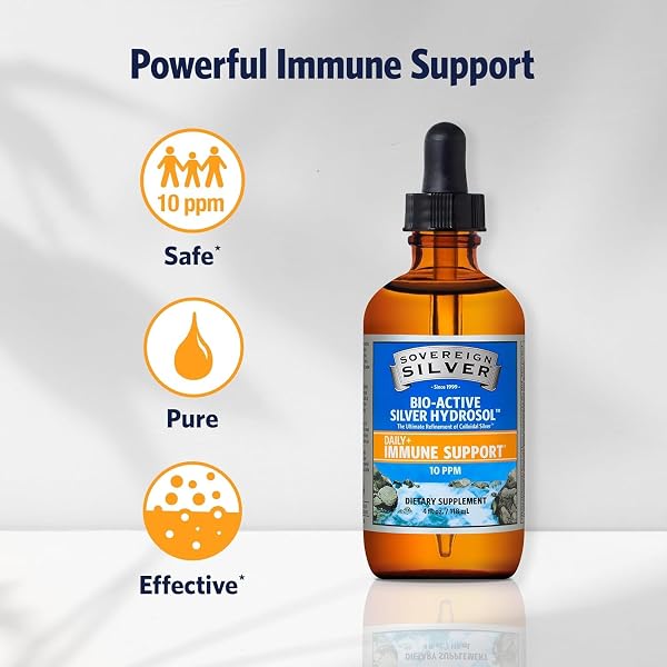 SOVEREIGN SILVER IMMUNE SUPPORT – COLLOIDAL SILVER, BIO-ACTIVE SILVER HYDROSOL, 10 PPM, LIQUID DROPPER, 4 FL OZ, (118 ML)