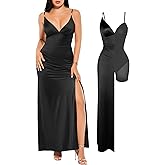 Popilush Women's Sexy Maxi Dress Deep V Neck Ruched Shapewear Dresses Side Slit Formal Cocktail Party Dress