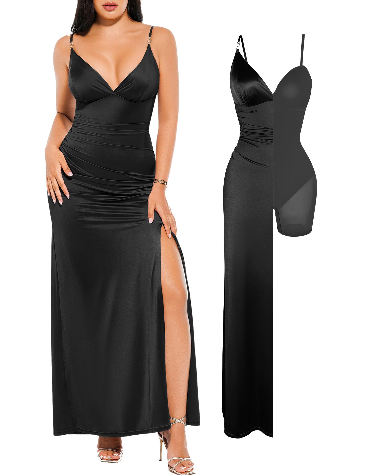 Photo 1 of Popilush Women's Sexy Maxi Dress Deep V Neck Ruched Shapewear Dresses Side Slit Formal Cocktail Party Dress Black M