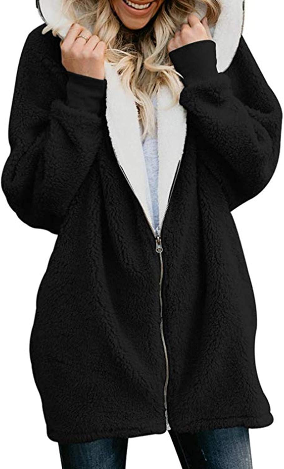 Yanekop Women Oversized Sherpa Hoodie Fuzzy Fleece Jacket Zip Up Outerwear Coat with Pockets at  Women's Coats Shop