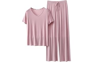 GOSEAGOTOFUN Womens Lounge Sets 2 Piece Outfits Short Sleeve V Neck Summer Top Elastic Waist Wide Leg Pants Tracksuit Outfits