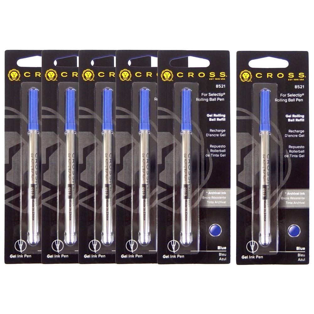 Pack of 6 Cross Rollerball Refills Medium Tip Blue Ink Crossaa