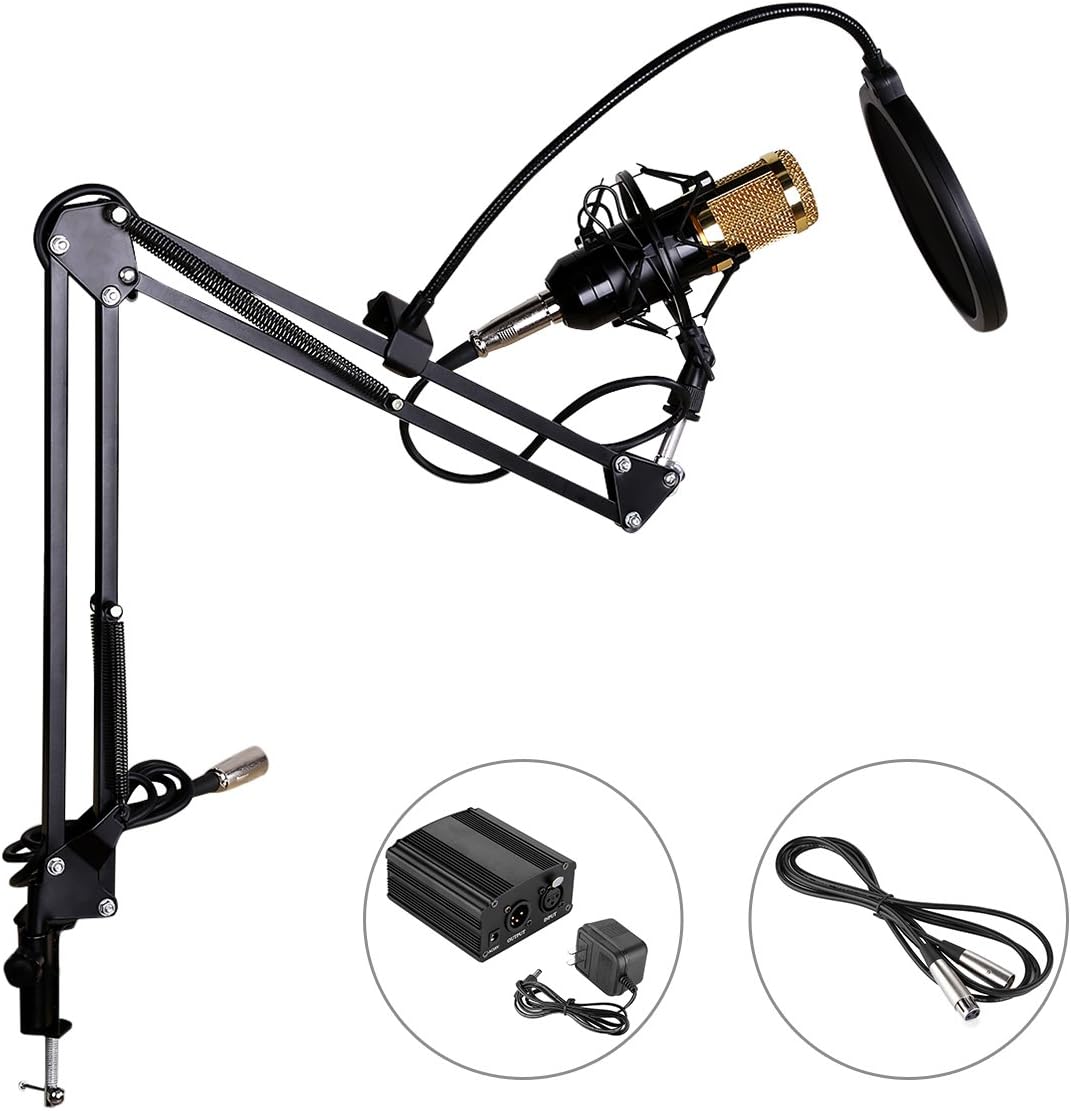 Excelvan BM-800 Condenser Microphone + Phantom Power + NB-35 Stand with Cable + T1 Pop Filter Wind Screen for Radio Broadcasting Studio Recording (Black)