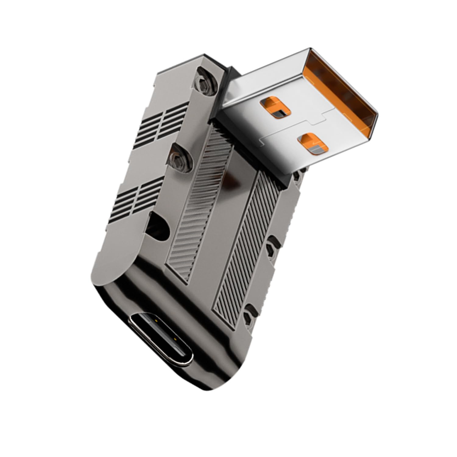 QIANRENON Metal Mecha Model USB3.1 to USB C 90° Angle Adapter 10Gbps 120W USB3.1 Male to USB C Female Right Angle Data Connector, LED Light, for wall charger PC laptop, Positive Bend (C Port Down)