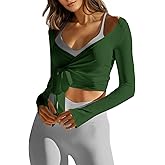Fisoew Womens Wrap Tie Tops Long Sleeve Workout Crop Wrap Shirts Casual Lightweight Ballet Pilates Yoga Active Tops