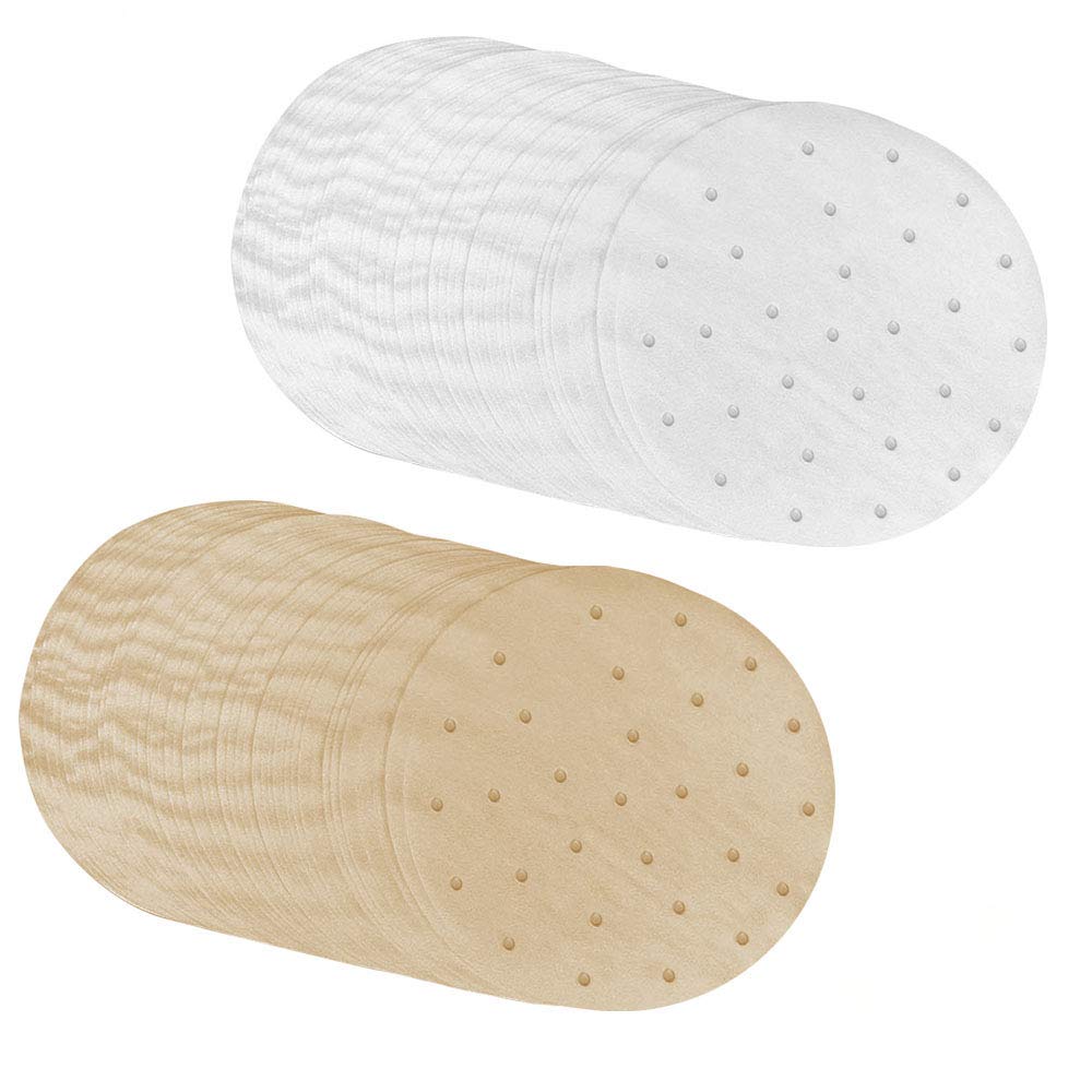 200pcs Air Fryer Liners, DaKuan 7inch Bamboo Steamer Liners, Perforated Parchment Paper (White & Unbleached) for Air Fryer, Steaming Basket, Springform Cake Tin
