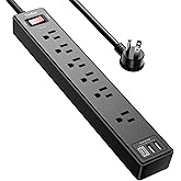 Yintar 6Ft Surge Protector Power Strip with 6 Outlets &amp; 3 USB Ports, Black | 6 Feet Flat Plug Extension Cord with Multiple Outlets for Home, Office, Dorm Essentials, 1680 Joules, ETL Listed