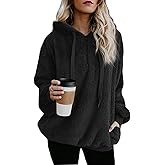 ReachMe Womens Oversized Sherpa Pullover Hoodies with Pockets Fuzzy Fleece Sweatshirt Plaid Fluffy Jacket Coat(A Black,XL)