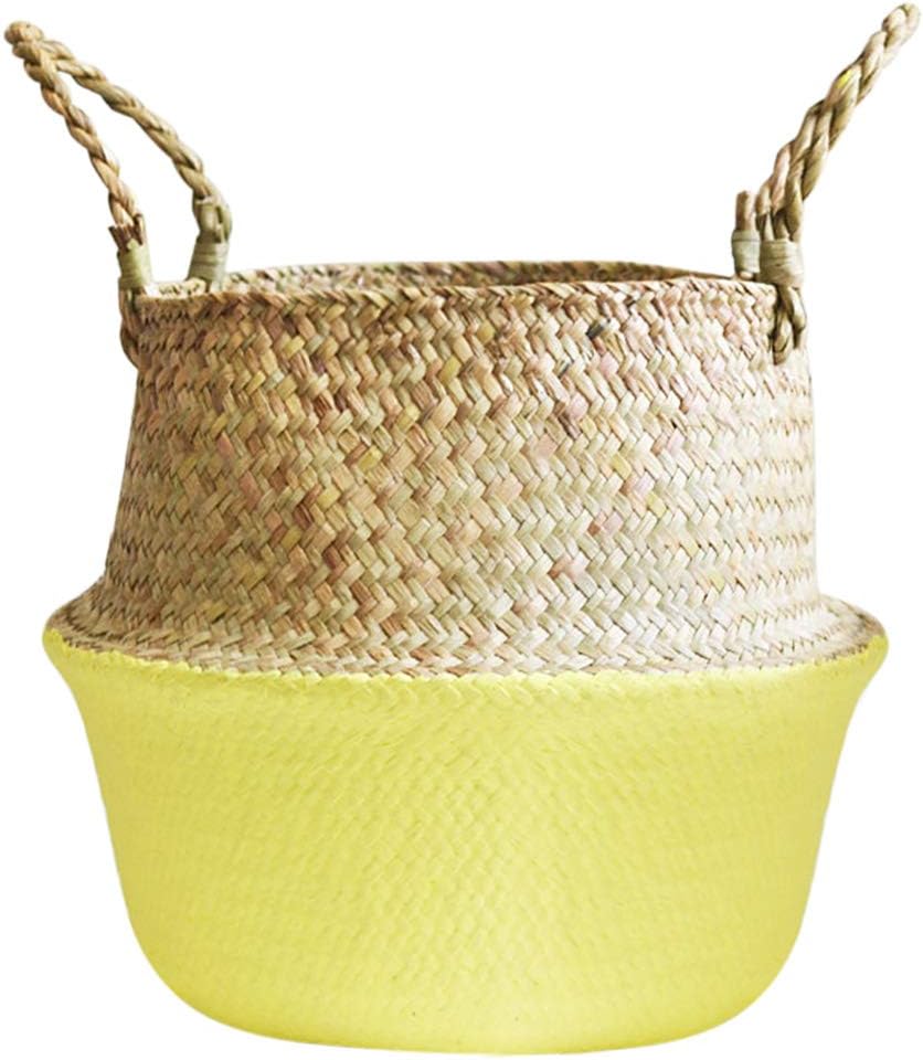 Seagrass Basket, wooden baskets Wicker Garden Basket Seagrass Basket Flower Pot Foldable Craft Weave Belly Basket Storage Basket with Handle for Diapers Laundry Organization